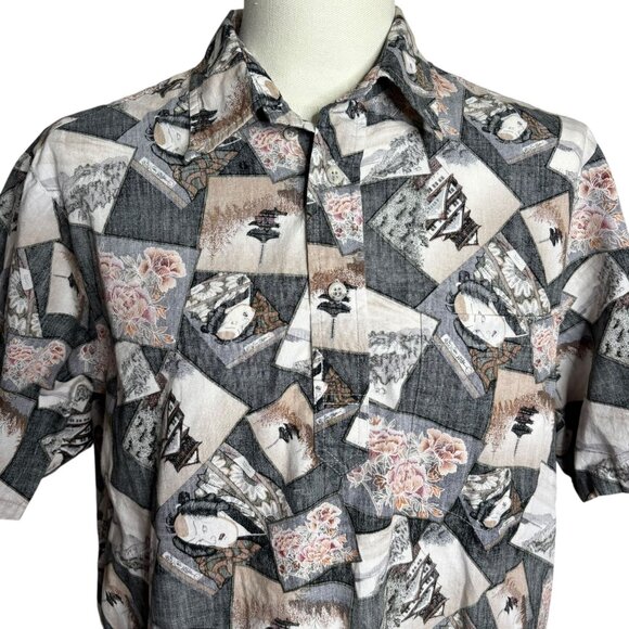 Vintage 90s Blue Paradise Pullover Hawaiian Shirt L Black Reverse Asian Print - Picture 2 of 9